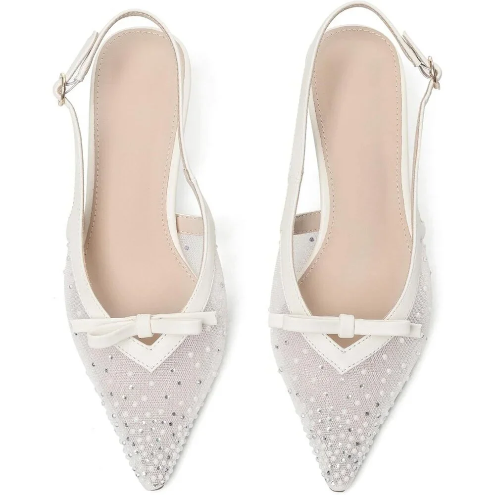 Women's Beige Slingback Kitten Heels Bow Ankle Strap Pointed Toe Heel Sexy